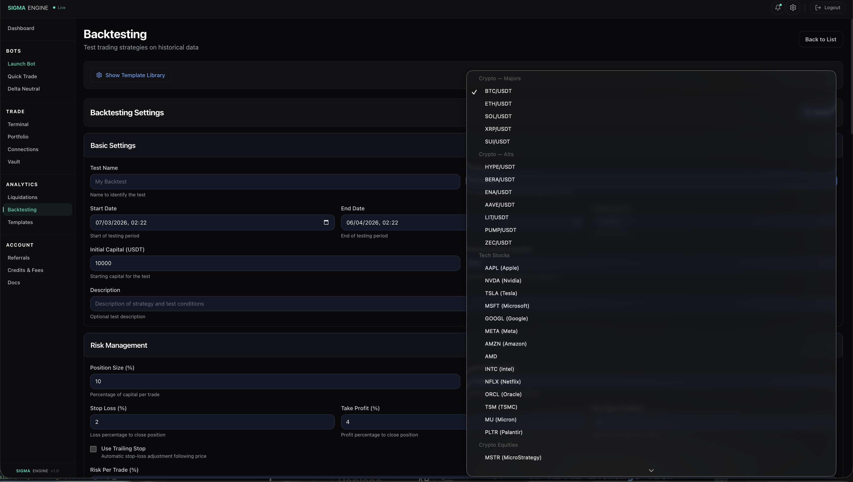 Trading pair selector showing Crypto Majors, Alts, Tech Stocks, and Crypto Equities categories