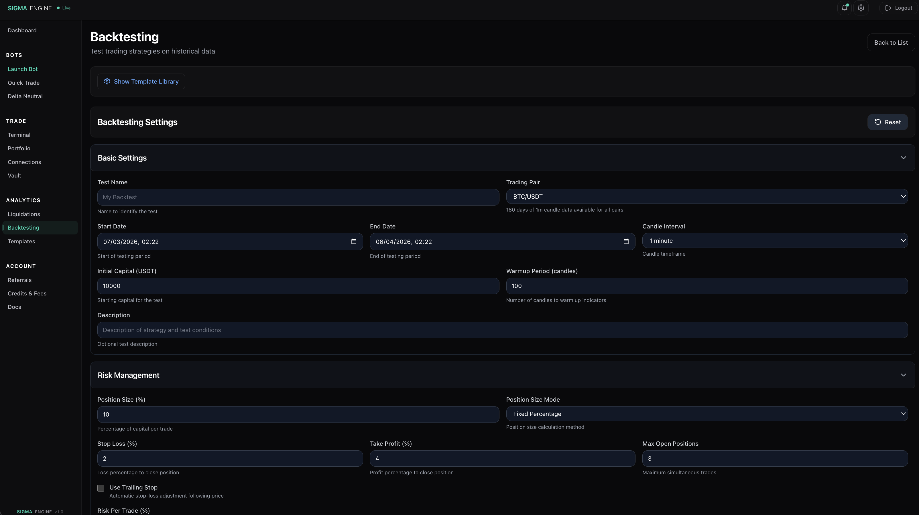 Backtesting settings page showing test name, trading pair, date range, initial capital, and warmup period