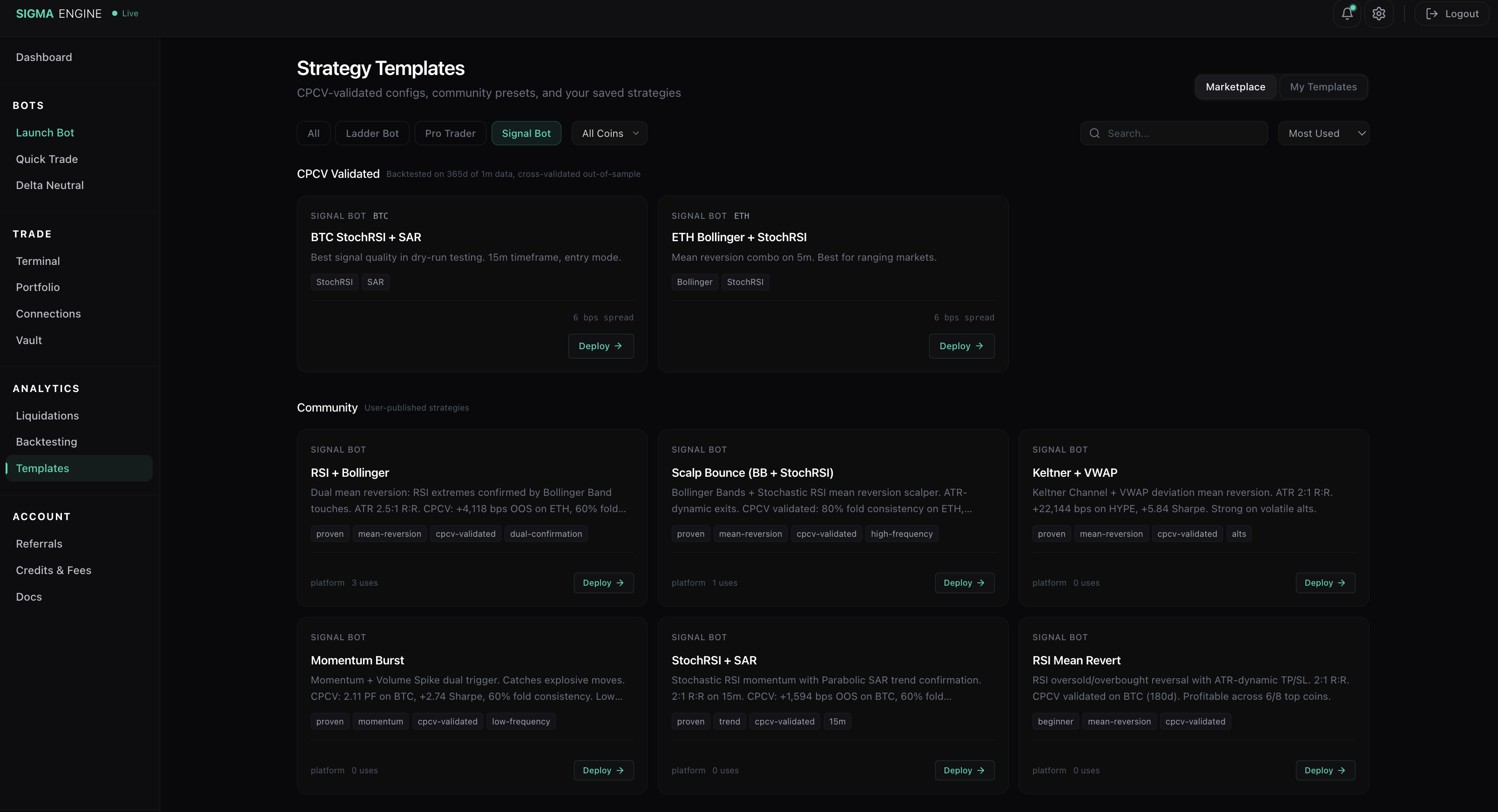 Community published signal bot templates including RSI + Bollinger, Scalp Bounce, Keltner + VWAP, and other user-created strategies