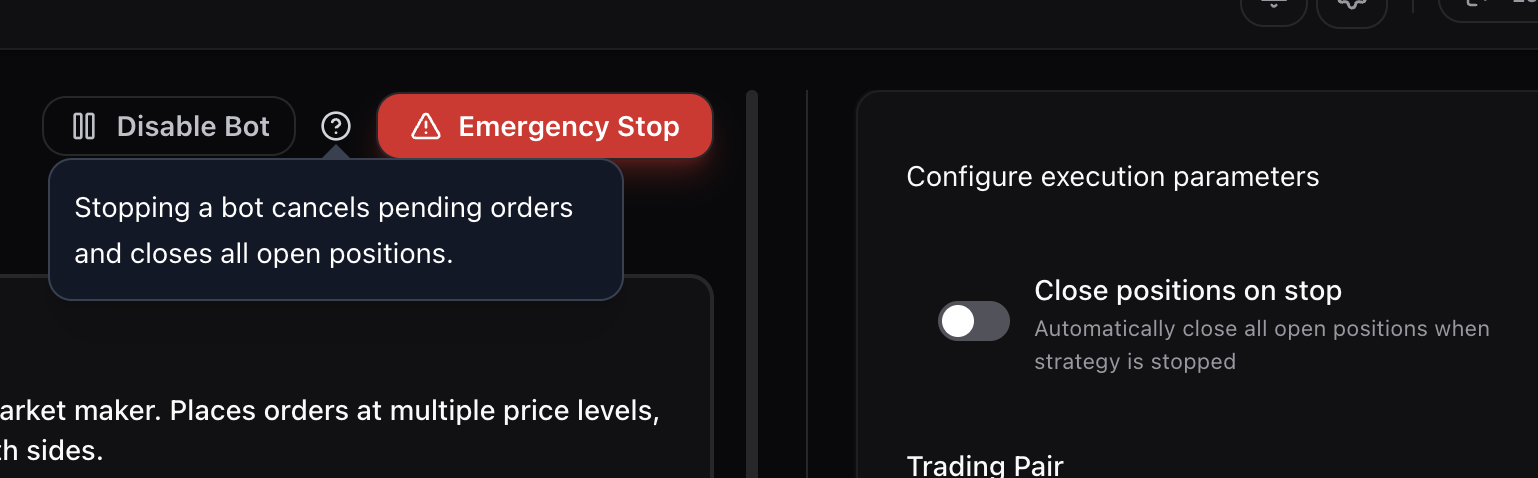Emergency Stop and Disable Bot controls on the Strategy Builder page