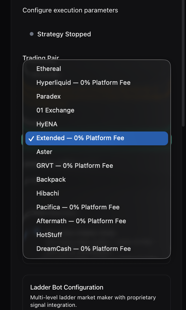 Exchange selector dropdown showing available venues