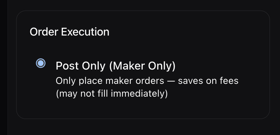 Order Execution setting showing Post Only mode