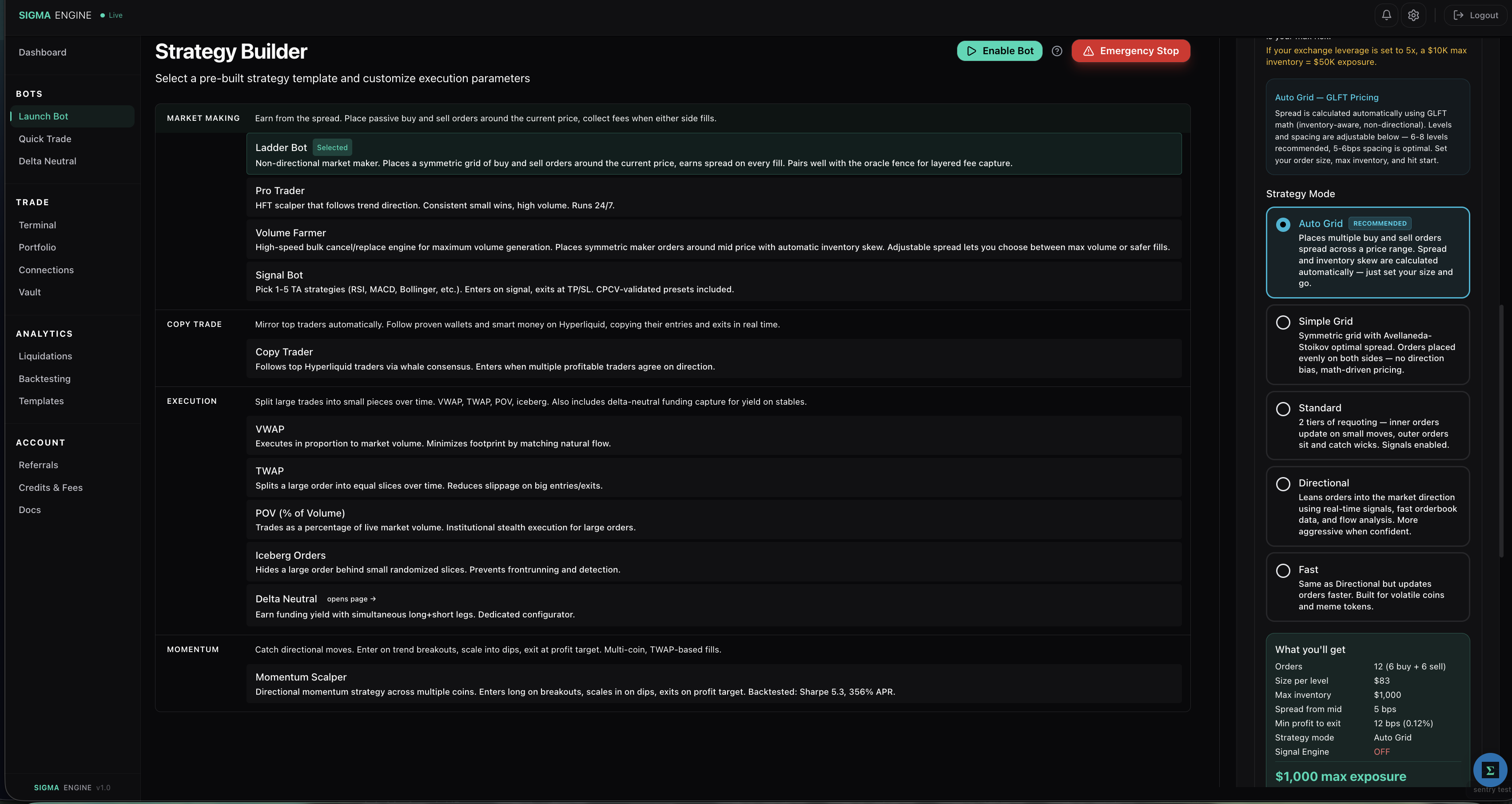 Strategy Builder page showing available strategies and controls